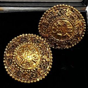 RARE Vintage 90s Chanel Medallion Gold Tone Earrings